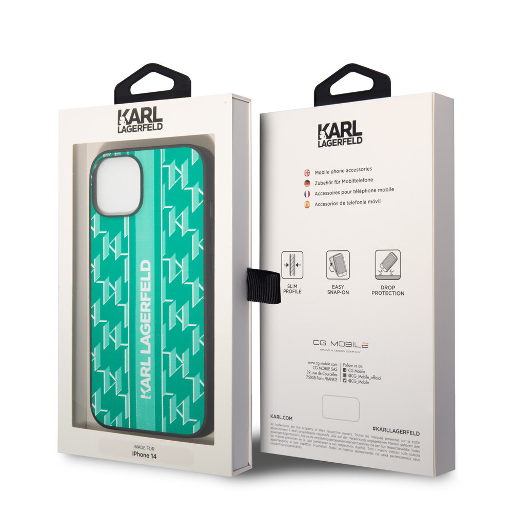 Karl Lagerfeld Karl Lagerfeld iPhone 14 Backcover hoesje - Monogram Stripe - Groen Karl Lagerfeld Karl Lagerfeld iPhone 14 Backcover hoesje - Monogram Stripe - Groen