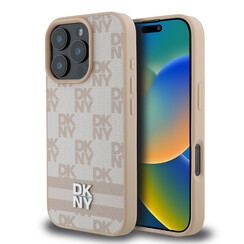 DKNY iPhone 16 Pro Back cover coque PU Leather Checkered Pattern and Stripe - Rose