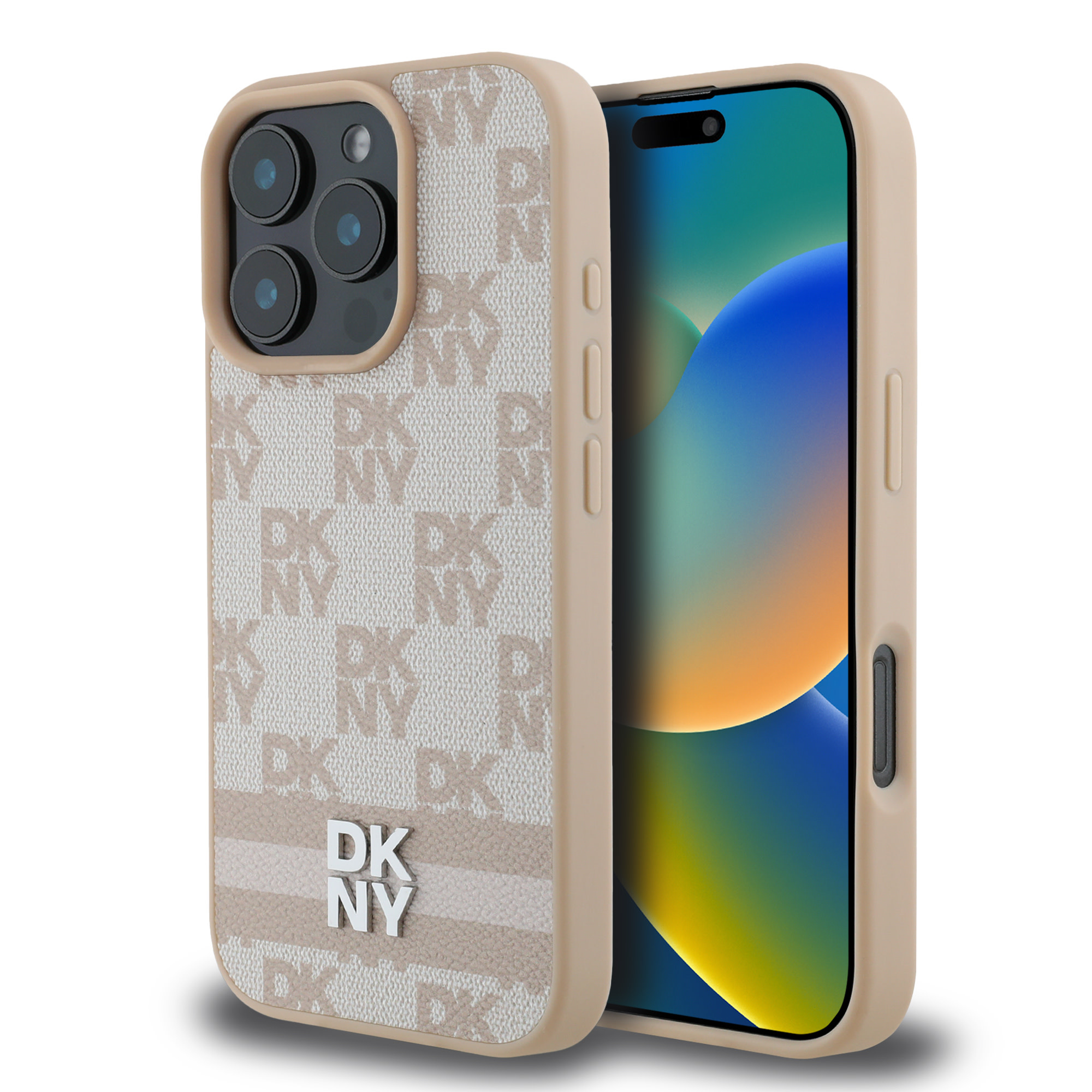 DKNY DKNY iPhone 16 Pro Backcover hoesje PU Leather Checkered Pattern and Stripe - Roze