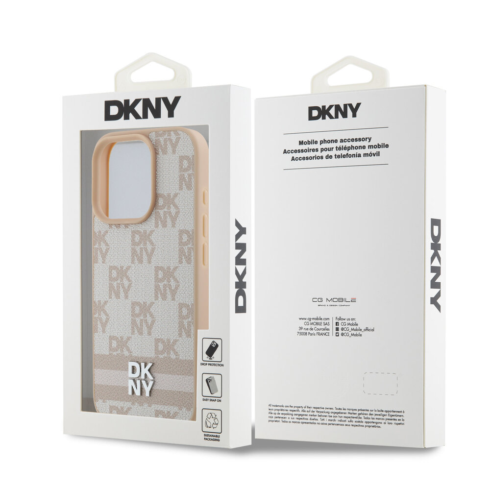 DKNY DKNY iPhone 16 Pro Backcover hoesje PU Leather Checkered Pattern and Stripe - Roze DKNY DKNY iPhone 16 Pro Backcover hoesje PU Leather Checkered Pattern and Stripe - Roze