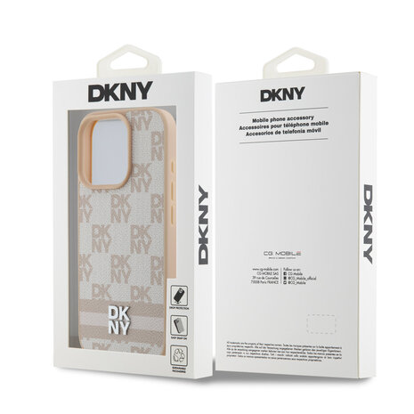 DKNY DKNY iPhone 16 Pro Backcover hoesje PU Leather Checkered Pattern and Stripe - Roze DKNY DKNY iPhone 16 Pro Backcover hoesje PU Leather Checkered Pattern and Stripe - Roze