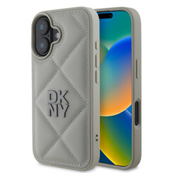 DKNY iPhone 16 Back cover case - PU Leather Quilted Stack Logo - Grey