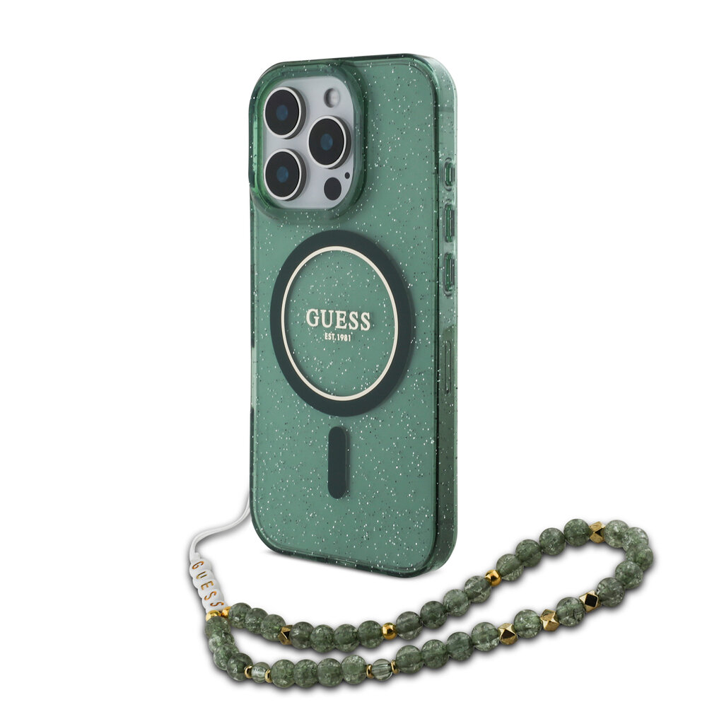 Guess Guess iPhone 16 Pro Back-Cover hul - Magsafe IML Glitter with pearls strap - Grün Guess Guess iPhone 16 Pro Back-Cover hul - Magsafe IML Glitter with pearls strap - Grün