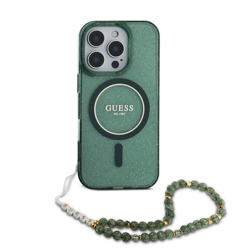 Guess Guess iPhone 16 Pro Back cover coque Magsafe IML Glitter with pearls strap - Vert