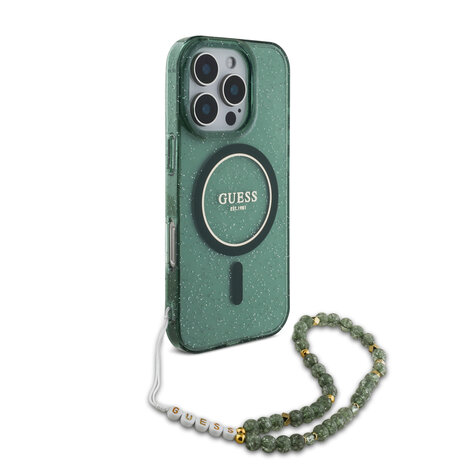 Guess Guess iPhone 16 Pro Backcover hoesje Magsafe IML Glitter with pearls strap - Groen Guess Guess iPhone 16 Pro Backcover hoesje Magsafe IML Glitter with pearls strap - Groen