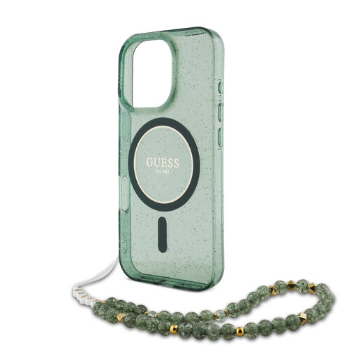 Guess Guess iPhone 16 Pro Back-Cover hul - Magsafe IML Glitter with pearls strap - Grün