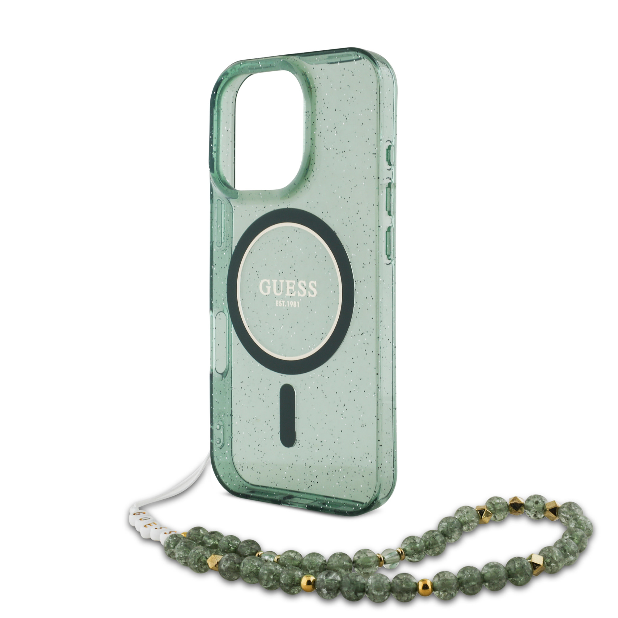 Guess Guess iPhone 16 Pro Backcover hoesje Magsafe IML Glitter with pearls strap - Groen, foto 4 van 6