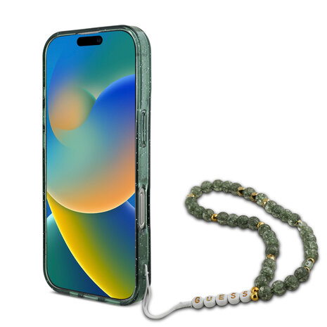 Guess Guess iPhone 16 Pro Back cover case - Magsafe IML Glitter with pearls strap - Green Guess Guess iPhone 16 Pro Back cover case - Magsafe IML Glitter with pearls strap - Green