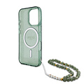 Guess Guess iPhone 16 Pro Backcover hoesje Magsafe IML Glitter with pearls strap - Groen