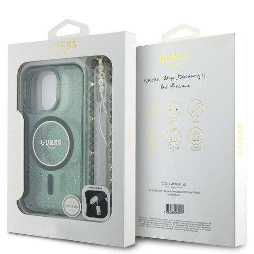 Guess Guess iPhone 16 Pro Back cover coque Magsafe IML Glitter with pearls strap - Vert