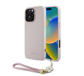 Guess Guess iPhone 16 Pro Backcover hoesje Magsafe grained - flower charm strap - Roze Guess Guess iPhone 16 Pro Backcover hoesje Magsafe grained - flower charm strap - Roze