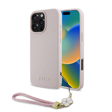 Guess Guess iPhone 16 Pro Back cover case - Magsafe grained - flower charm strap - Pink Guess Guess iPhone 16 Pro Back cover case - Magsafe grained - flower charm strap - Pink