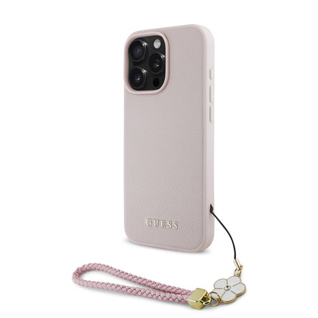 Guess Guess iPhone 16 Pro Back cover case - Magsafe grained - flower charm strap - Pink Guess Guess iPhone 16 Pro Back cover case - Magsafe grained - flower charm strap - Pink