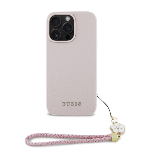Guess Guess iPhone 16 Pro Back cover case - Magsafe grained - flower charm strap - Pink