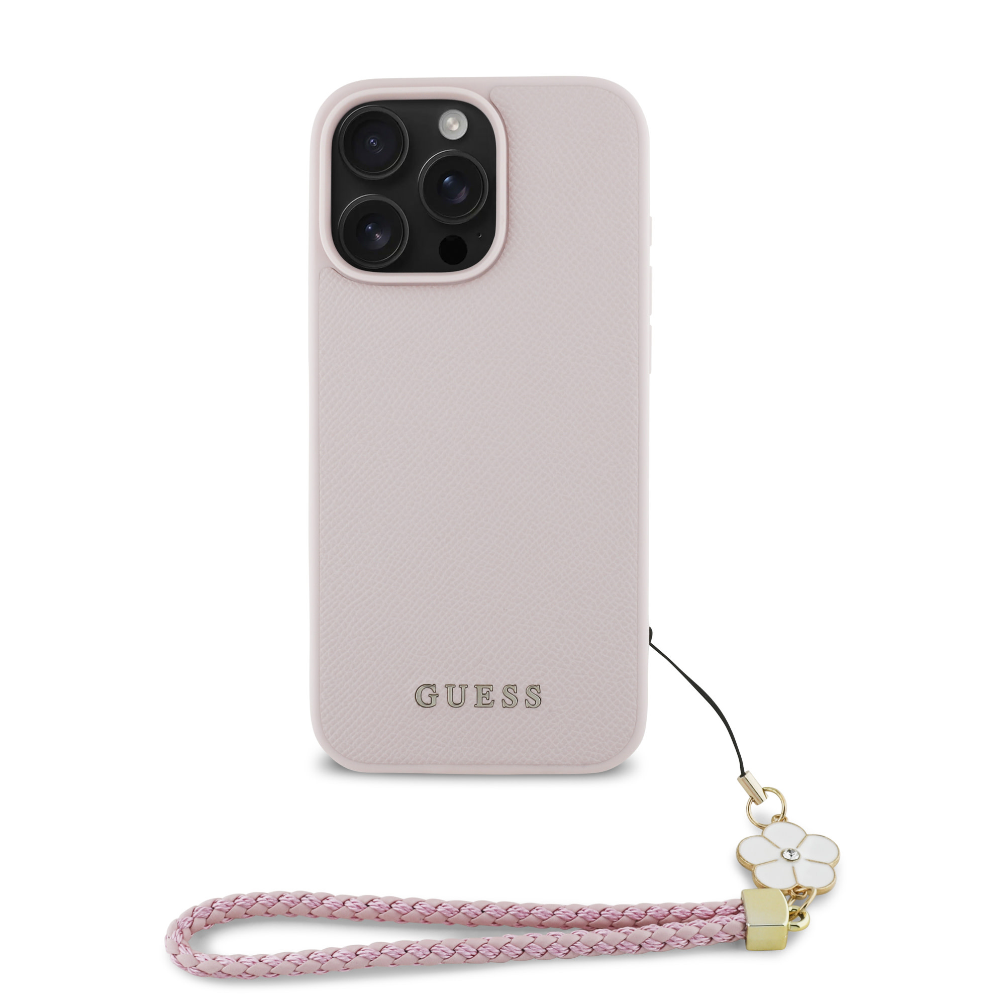 Guess Guess iPhone 16 Pro Backcover hoesje Magsafe grained - flower charm strap - Roze, foto 3 van 6