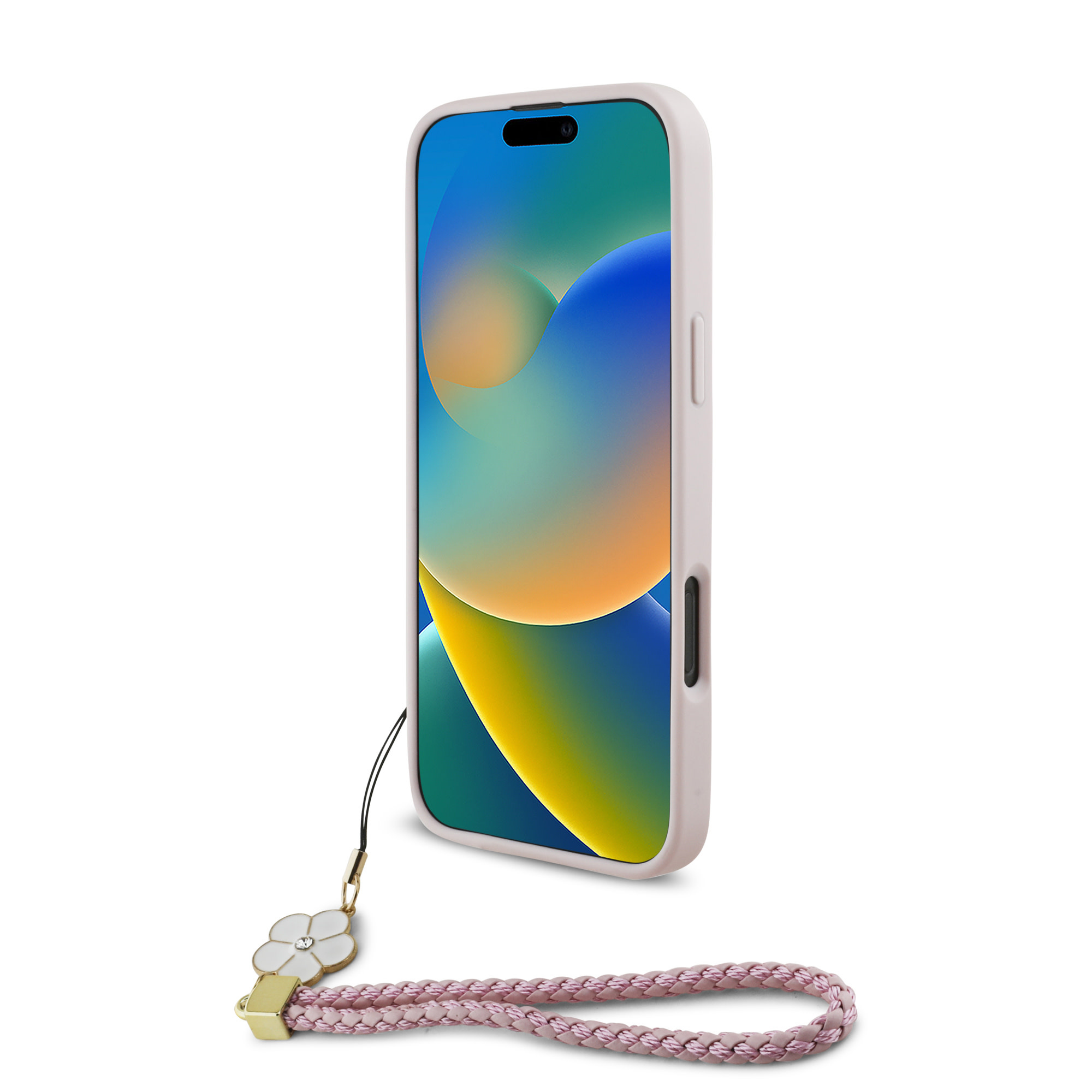 Guess Guess iPhone 16 Pro Backcover hoesje Magsafe grained - flower charm strap - Roze, foto 5 van 6