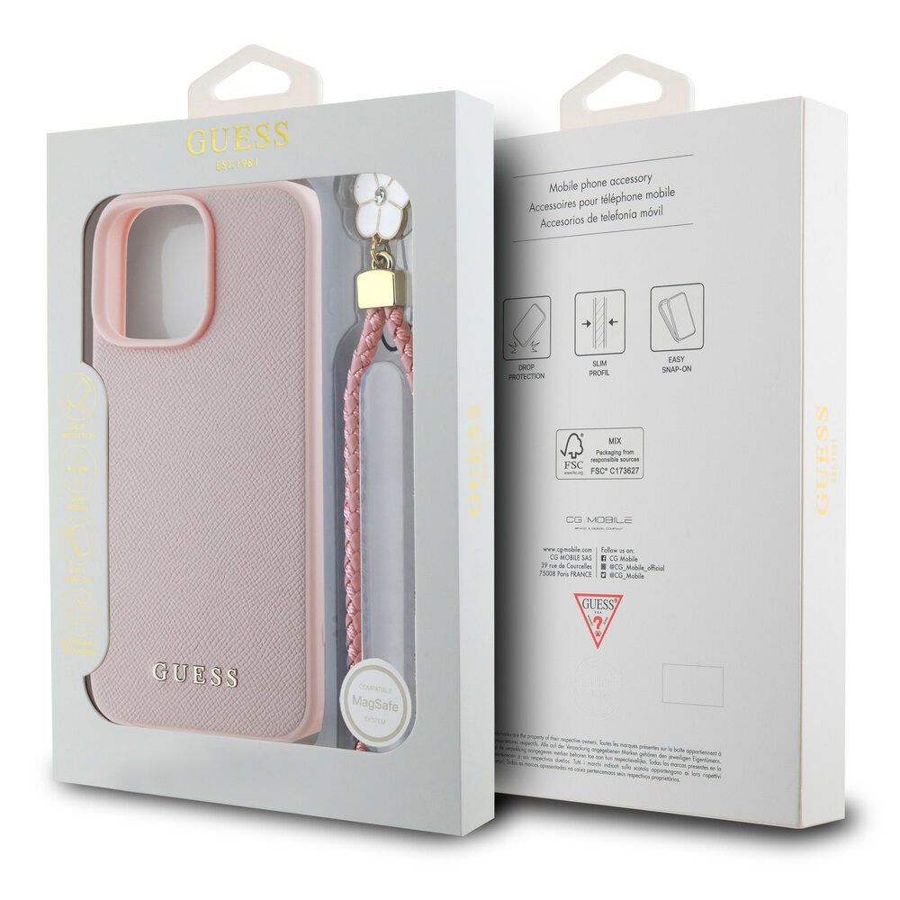 Guess Guess iPhone 16 Pro Back cover case - Magsafe grained - flower charm strap - Pink Guess Guess iPhone 16 Pro Back cover case - Magsafe grained - flower charm strap - Pink
