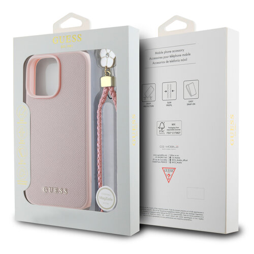 Guess Guess iPhone 16 Pro Backcover hoesje Magsafe grained - flower charm strap - Roze