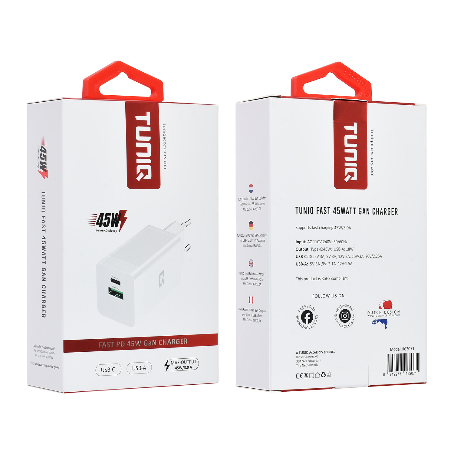 TUNIQ TUNIQPD 45W GaN Adapter - TUNIQ 3.0A Snellader - Wit, foto 4 van 4