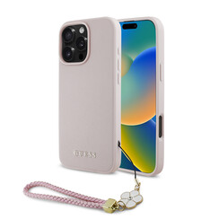 Guess iPhone 16 Pro Max Back cover case - Magsafe grained - flower charm strap - Pink