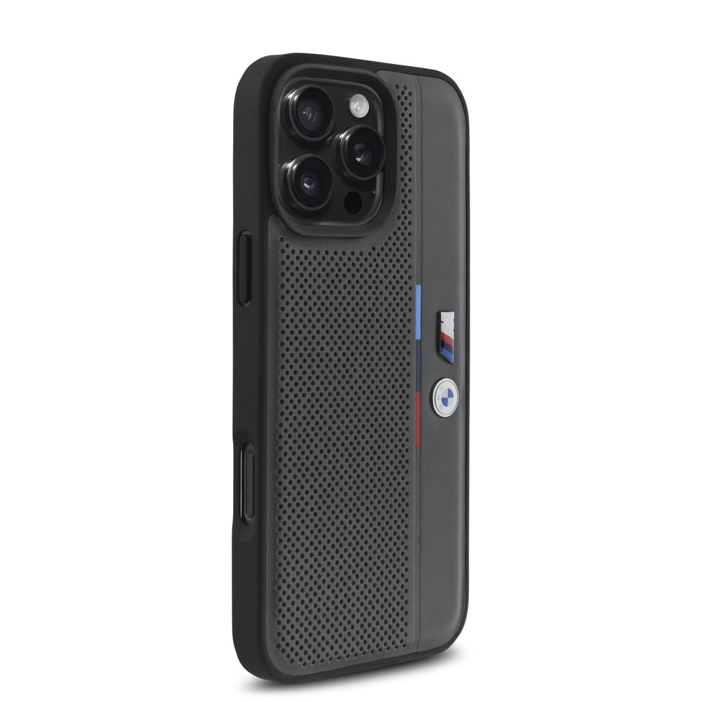 BMW BMW iPhone 16 Pro Back-Cover hul - Perforated Tricolor Detail Line - Grau BMW BMW iPhone 16 Pro Back-Cover hul - Perforated Tricolor Detail Line - Grau