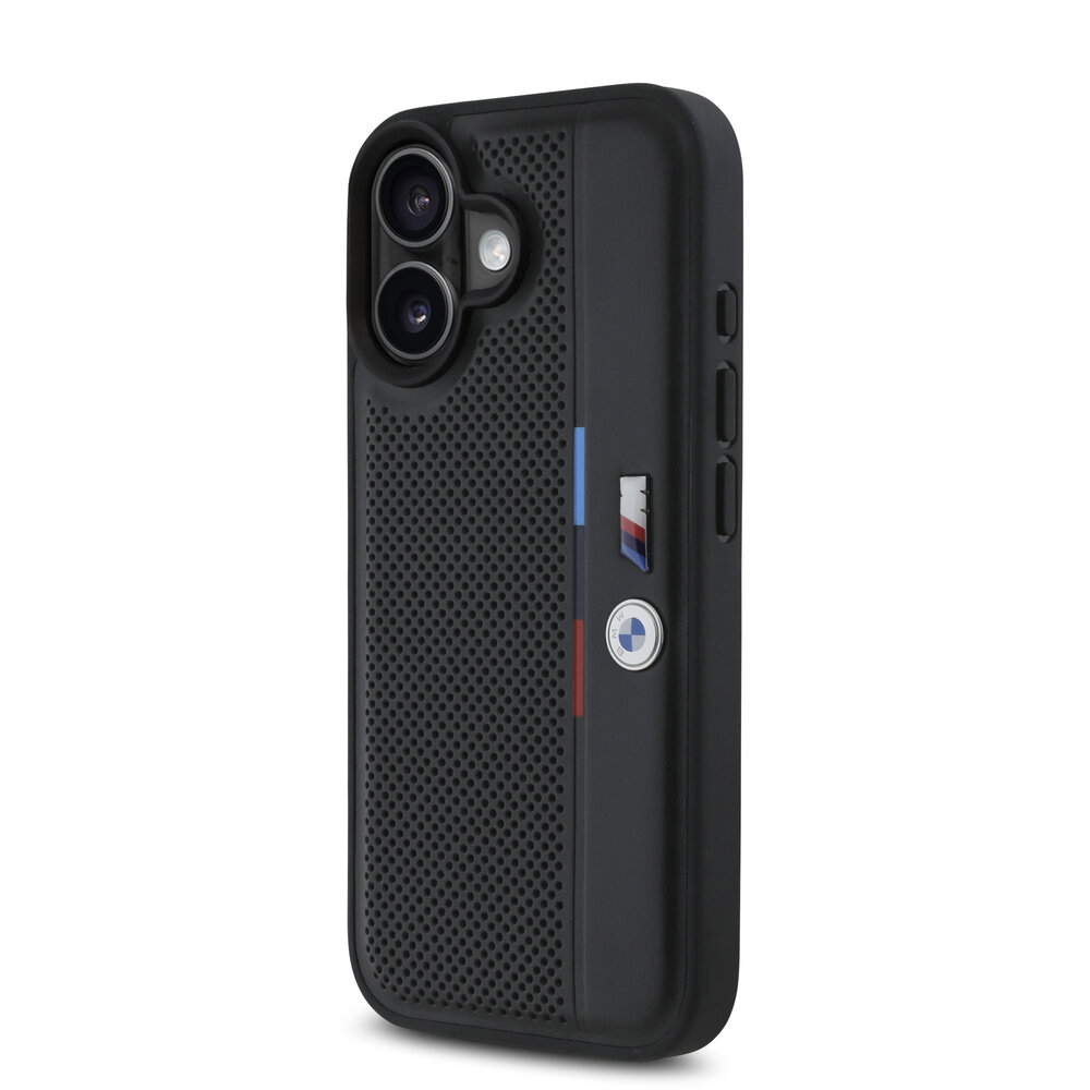 BMW BMW iPhone 16 Backcover hoesje Perforated Tricolor Detail Line - Zwart BMW BMW iPhone 16 Backcover hoesje Perforated Tricolor Detail Line - Zwart