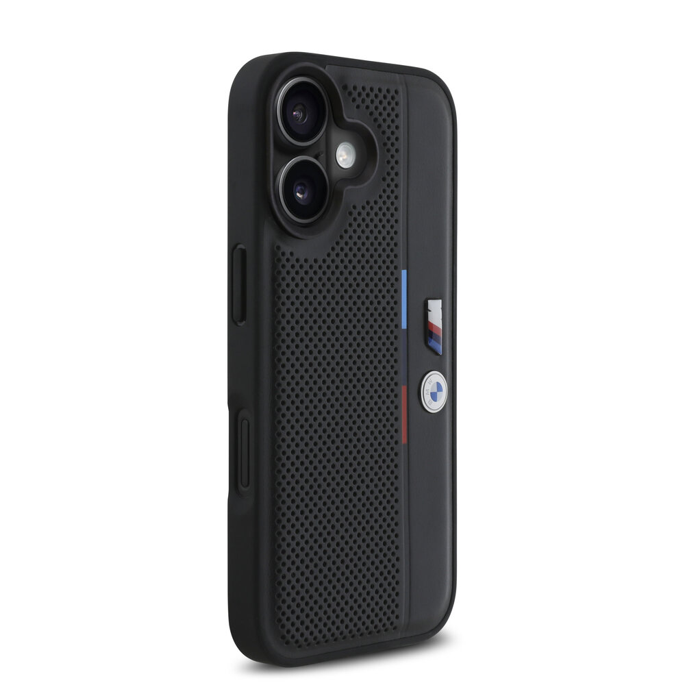 BMW BMW iPhone 16 Backcover hoesje Perforated Tricolor Detail Line - Zwart BMW BMW iPhone 16 Backcover hoesje Perforated Tricolor Detail Line - Zwart