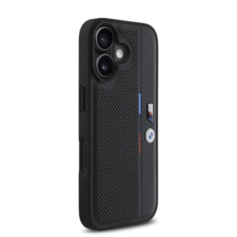 BMW BMW iPhone 16 Backcover hoesje Perforated Tricolor Detail Line - Zwart BMW BMW iPhone 16 Backcover hoesje Perforated Tricolor Detail Line - Zwart