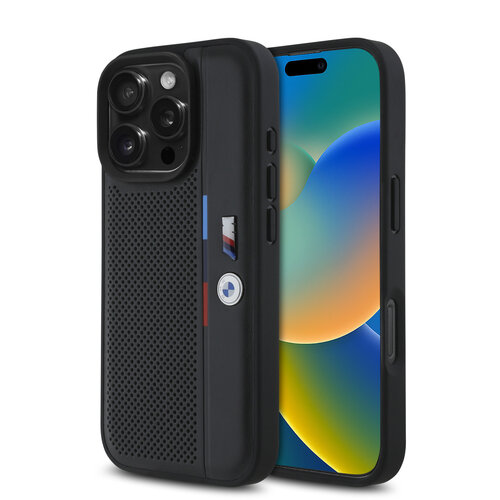 BMW BMW iPhone 16 Pro Max Backcover hoesje Perforated Tricolor Detail Line - Zwart
