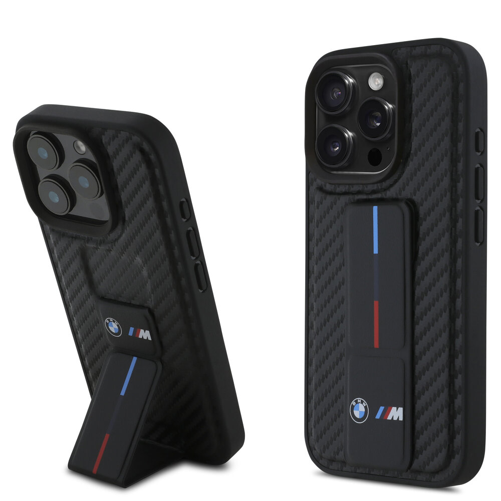 BMW BMW iPhone 16 Pro Max Backcover hoesje Grip Stand Smooth and Carbon - Zwart BMW BMW iPhone 16 Pro Max Backcover hoesje Grip Stand Smooth and Carbon - Zwart