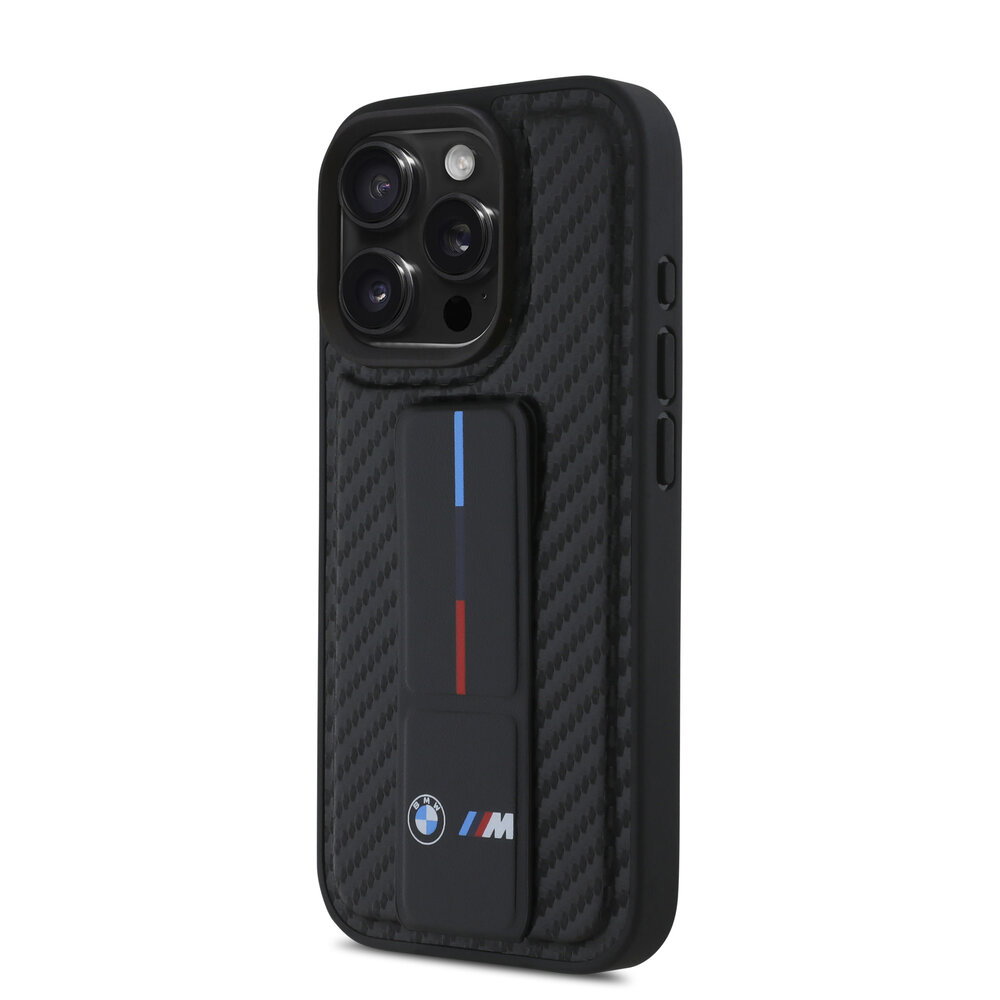 BMW BMW iPhone 16 Pro Max Backcover hoesje Grip Stand Smooth and Carbon - Zwart BMW BMW iPhone 16 Pro Max Backcover hoesje Grip Stand Smooth and Carbon - Zwart