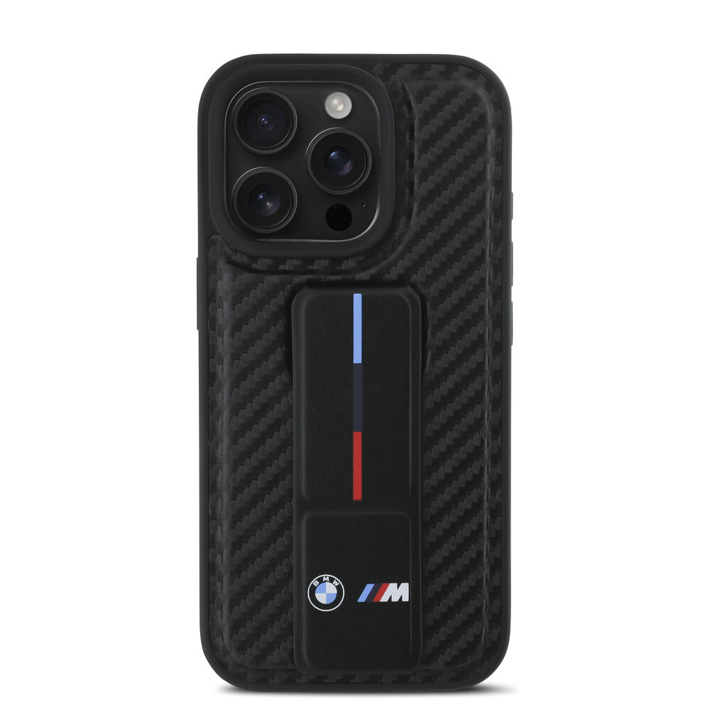 BMW BMW iPhone 16 Pro Max Backcover hoesje Grip Stand Smooth and Carbon - Zwart BMW BMW iPhone 16 Pro Max Backcover hoesje Grip Stand Smooth and Carbon - Zwart