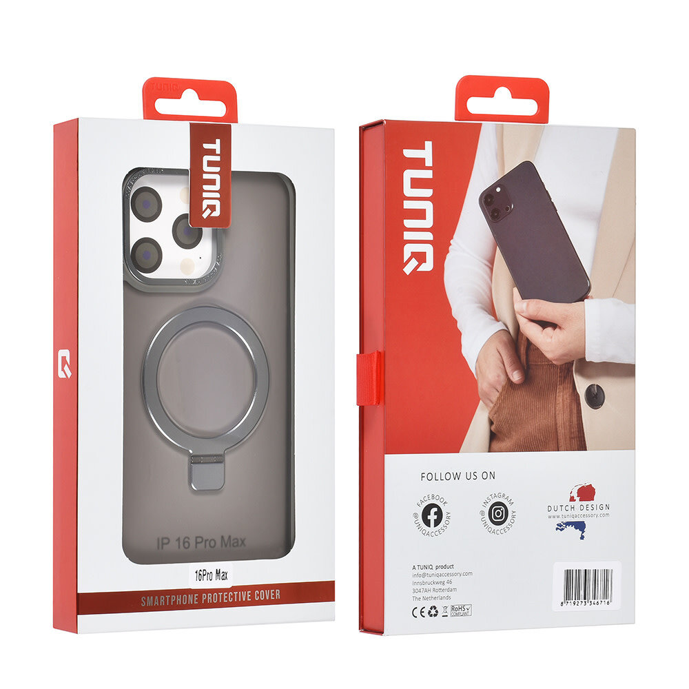 TUNIQ TUNIQ iPhone 16 Pro Max Back-Cover hul - Magsafe - Ringstand - Grau TUNIQ TUNIQ iPhone 16 Pro Max Back-Cover hul - Magsafe - Ringstand - Grau