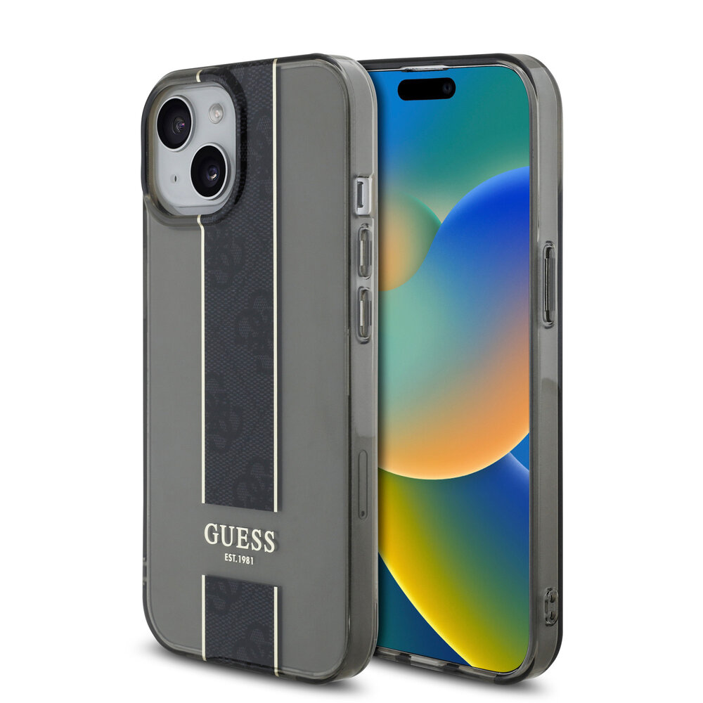 Guess Guess iPhone 15 Backcover hoesje IML 4G Stripe - Zwart Guess Guess iPhone 15 Backcover hoesje IML 4G Stripe - Zwart