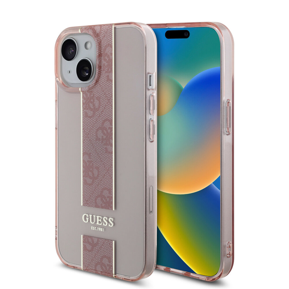 Guess Guess iPhone 15 Backcover hoesje IML 4G Stripe - Roze Guess Guess iPhone 15 Backcover hoesje IML 4G Stripe - Roze