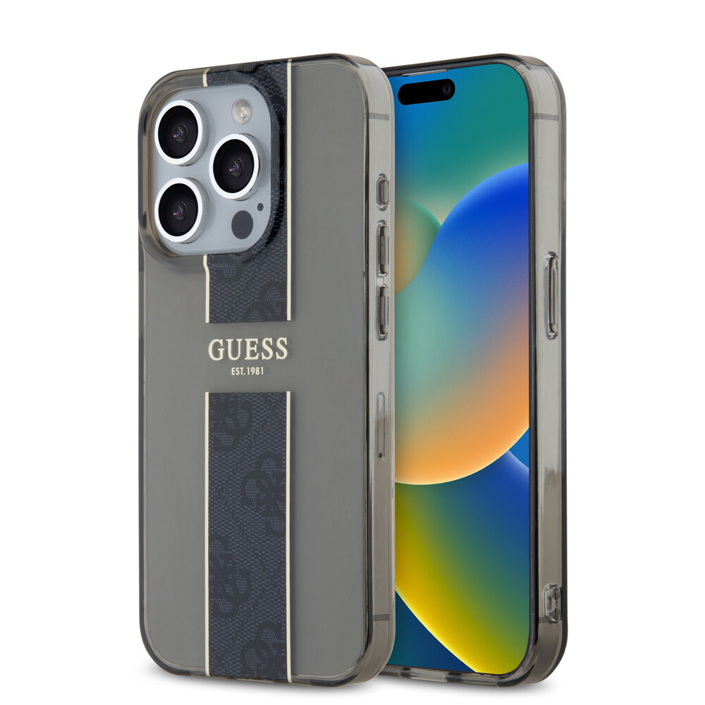 Guess Guess iPhone 15 Pro Max Backcover hoesje IML 4G Stripe - Zwart Guess Guess iPhone 15 Pro Max Backcover hoesje IML 4G Stripe - Zwart