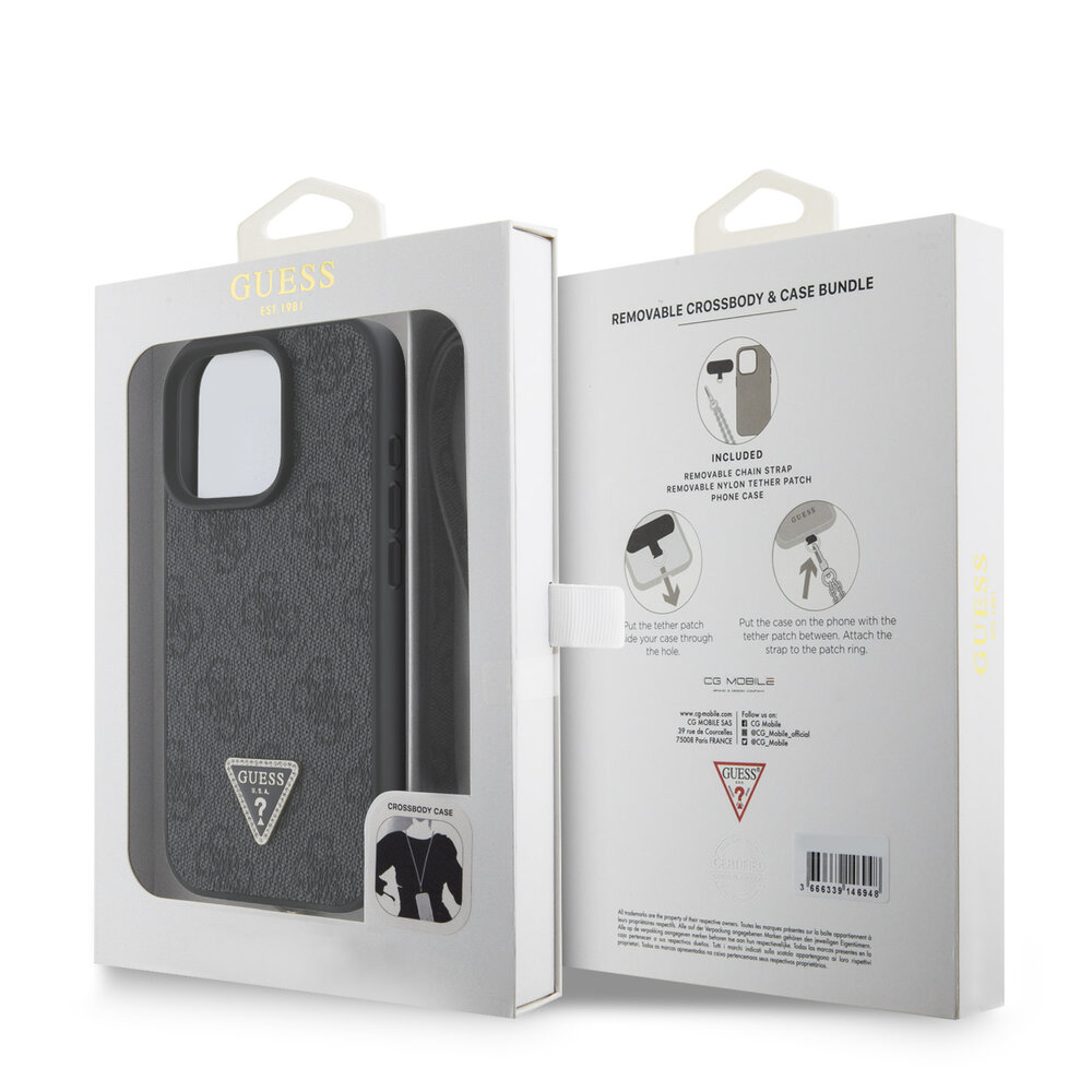 Guess Guess iPhone 16 Pro Backcover hoesje PU Leather Metal Logo Crossbody - Zwart Guess Guess iPhone 16 Pro Backcover hoesje PU Leather Metal Logo Crossbody - Zwart