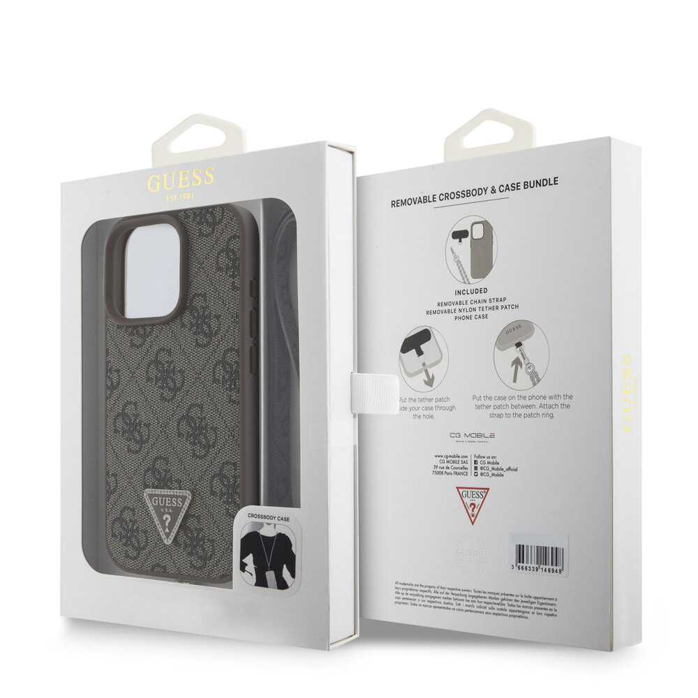 Guess Guess iPhone 16 Pro Backcover hoesje PU Leather Metal Logo Crossbody - Bruin Guess Guess iPhone 16 Pro Backcover hoesje PU Leather Metal Logo Crossbody - Bruin