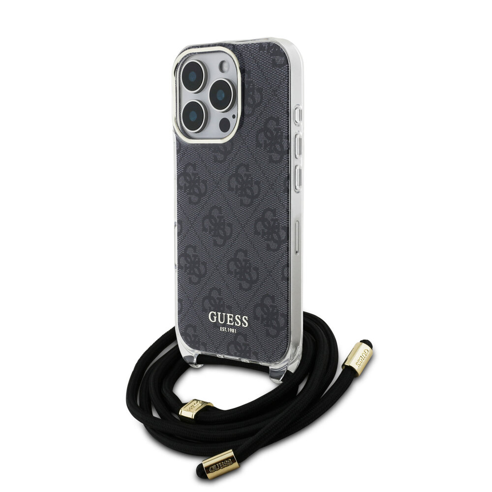 Guess Guess iPhone 16 Pro Max Backcover hoesje Crossbody cord 4G - Zwart Guess Guess iPhone 16 Pro Max Backcover hoesje Crossbody cord 4G - Zwart