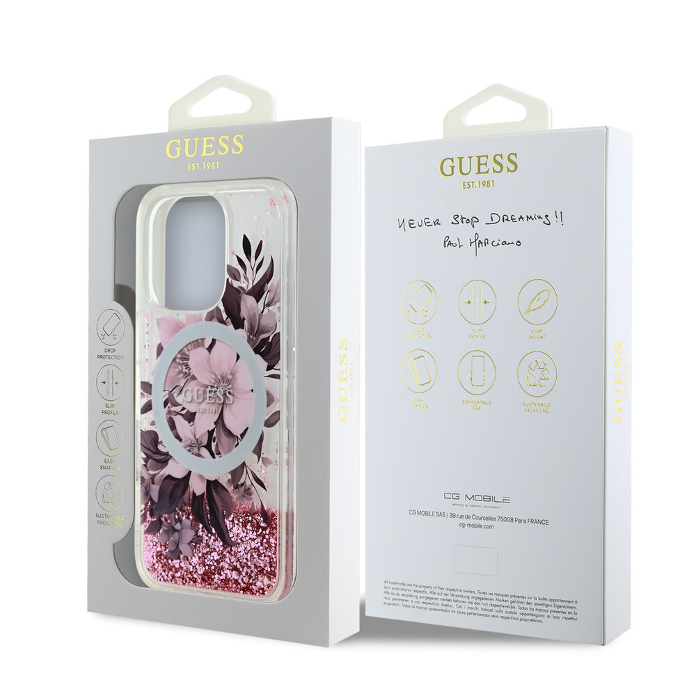 Guess Guess iPhone 16 Pro Backcover hoesje Magsafe Liquid Glitter - Roze Guess Guess iPhone 16 Pro Backcover hoesje Magsafe Liquid Glitter - Roze