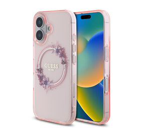 Guess Guess iPhone 16 Back-Cover hul - Magsafe IML Flowers - Rosa Guess Guess iPhone 16 Back-Cover hul - Magsafe IML Flowers - Rosa