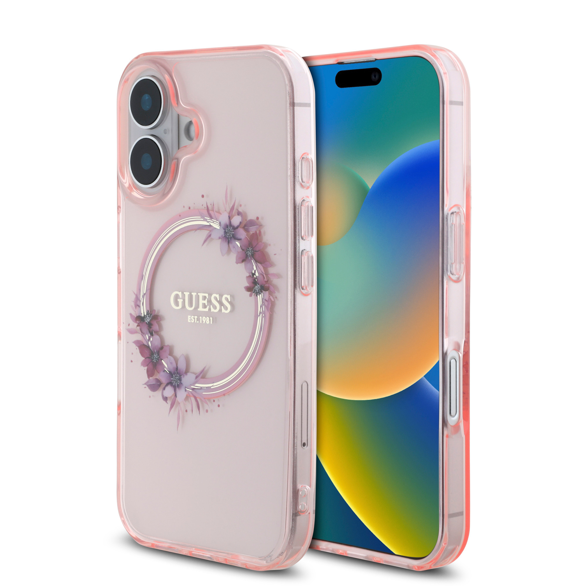 Guess Guess iPhone 16 Backcover hoesje Magsafe IML Flowers - Roze