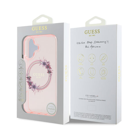 Guess Guess iPhone 16 Backcover hoesje Magsafe IML Flowers - Roze Guess Guess iPhone 16 Backcover hoesje Magsafe IML Flowers - Roze