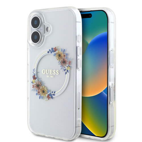 Guess Guess iPhone 16 Backcover hoesje Magsafe IML Flowers - Transparant