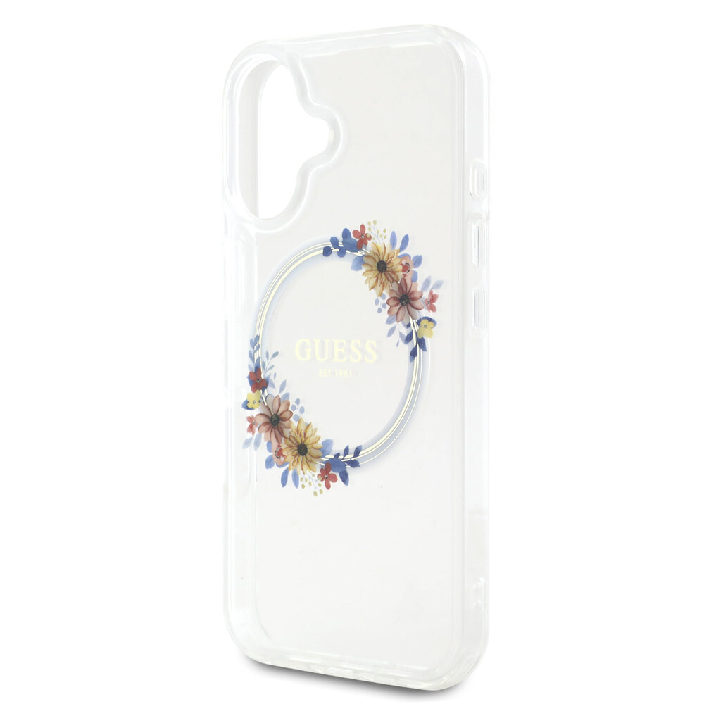 Guess Guess iPhone 16 Backcover hoesje Magsafe IML Flowers - Transparant Guess Guess iPhone 16 Backcover hoesje Magsafe IML Flowers - Transparant