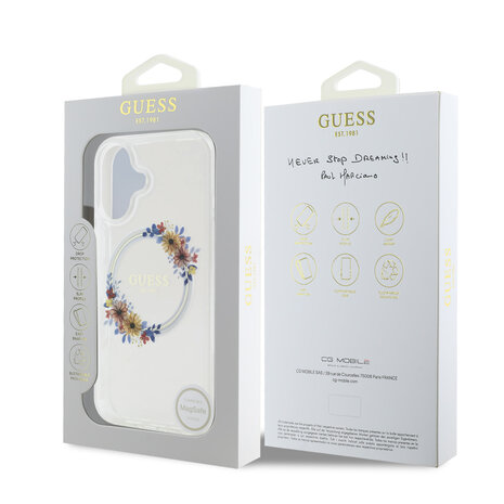 Guess Guess iPhone 16 Backcover hoesje Magsafe IML Flowers - Transparant Guess Guess iPhone 16 Backcover hoesje Magsafe IML Flowers - Transparant