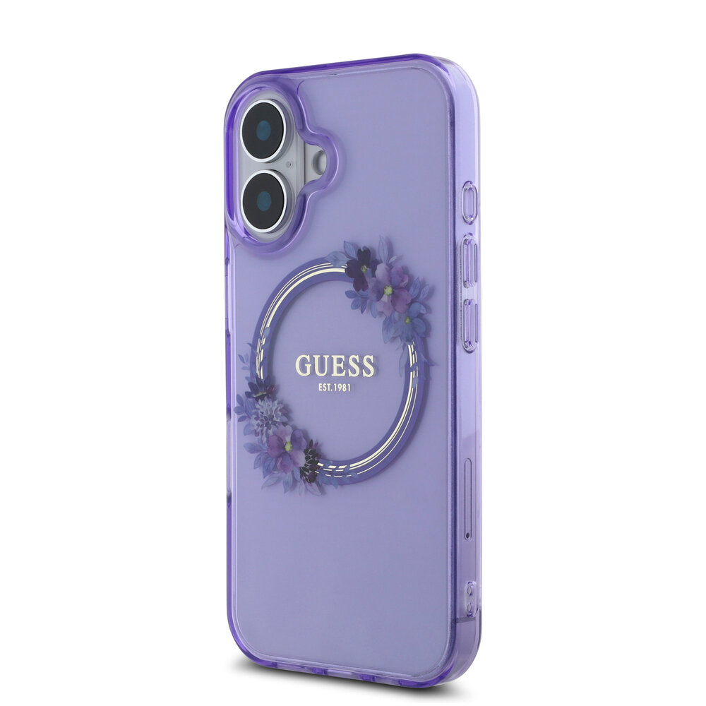 Guess Guess iPhone 16 Backcover hoesje Magsafe IML Flowers - Paars Guess Guess iPhone 16 Backcover hoesje Magsafe IML Flowers - Paars