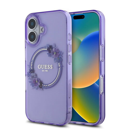 Guess Guess iPhone 16 Backcover hoesje Magsafe IML Flowers - Paars