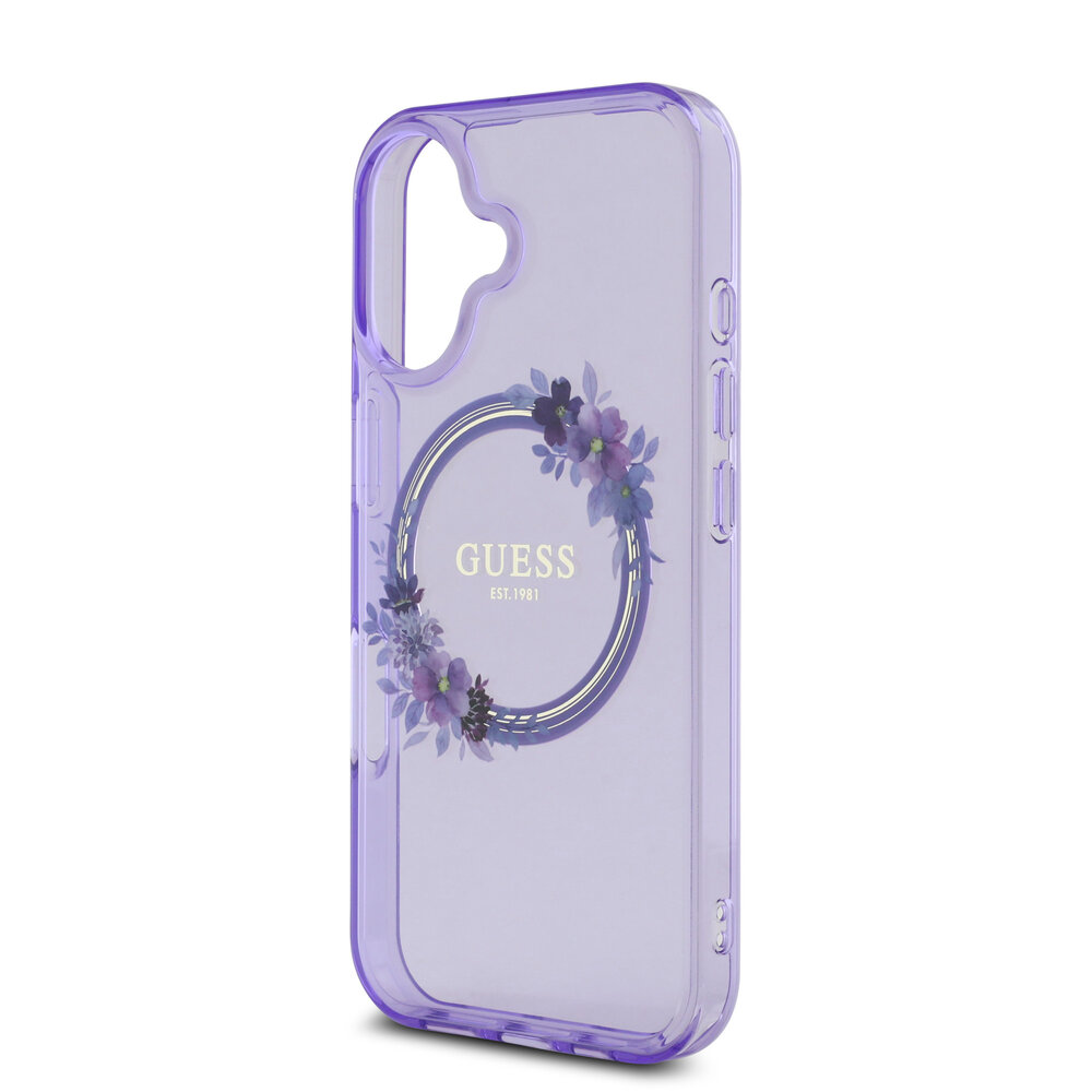Guess Guess iPhone 16 Back cover case - Magsafe IML Flowers - Purple Guess Guess iPhone 16 Back cover case - Magsafe IML Flowers - Purple
