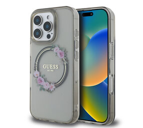 Guess Guess iPhone 16 Pro Max Back cover case - Magsafe IML Flowers - Black Guess Guess iPhone 16 Pro Max Back cover case - Magsafe IML Flowers - Black